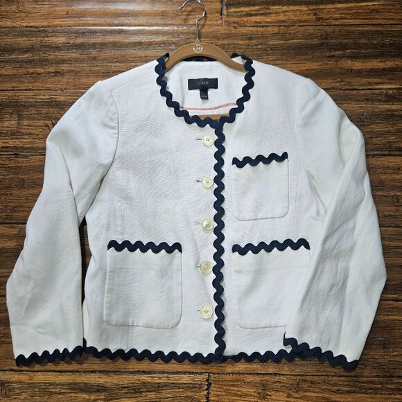 J. Crew Linen Lady Blazer Jacket White w Navy Rickrack Trim SZ 6 - Picture 1 of 13